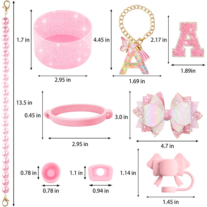 Hpebl 9PCS Pink for Stanley Cup Accessories Set Bling Initials Bow Charms for Stanley Decorations 30/40 Oz Tumbler Accessories Including Bow Straw Topper, Handle Strap, Spill Stopperï¼ˆLetter Aï¼‰ - Image 3