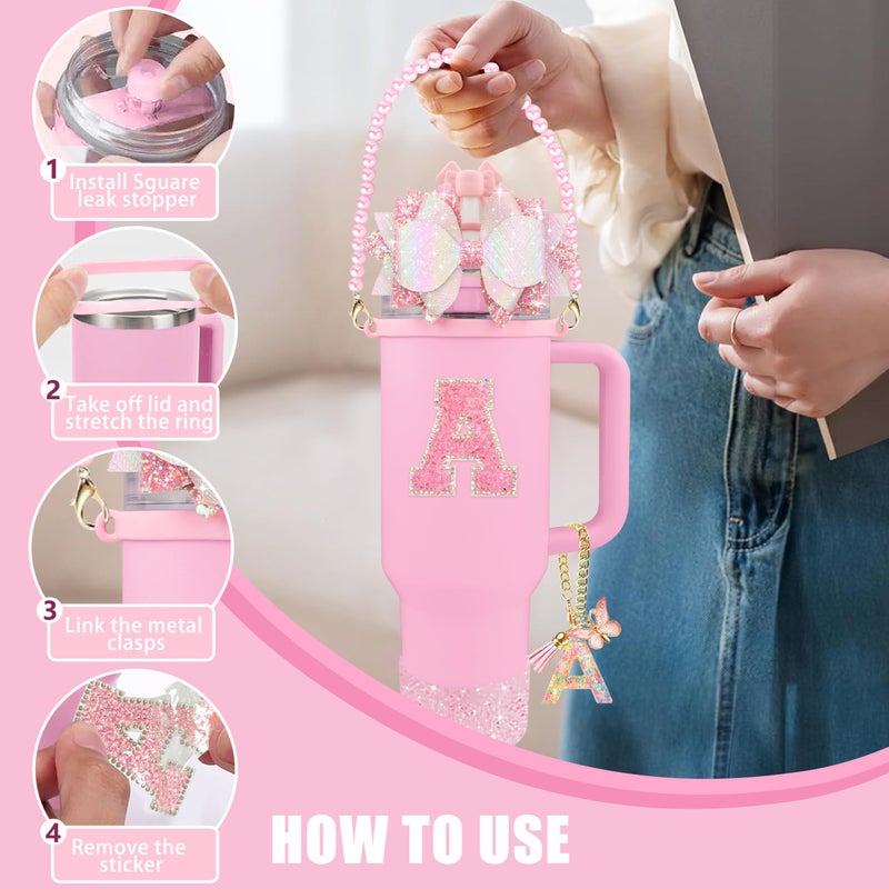 Hpebl 9PCS Pink for Stanley Cup Accessories Set Bling Initials Bow Charms for Stanley Decorations 30/40 Oz Tumbler Accessories Including Bow Straw Topper, Handle Strap, Spill Stopperï¼ˆLetter Aï¼‰ - Image 5