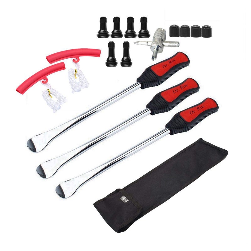 مجموعة أدوات تغيير إطارات الدراجات النارية والدراجات الترابية وجزازات العشب من دكتور روك، مع حقيبة متينة، تتضمن 3 رافعات إطارات، و2 واقيات للحواف، ومجموعة صمامات إطارات (TR412 TR413).