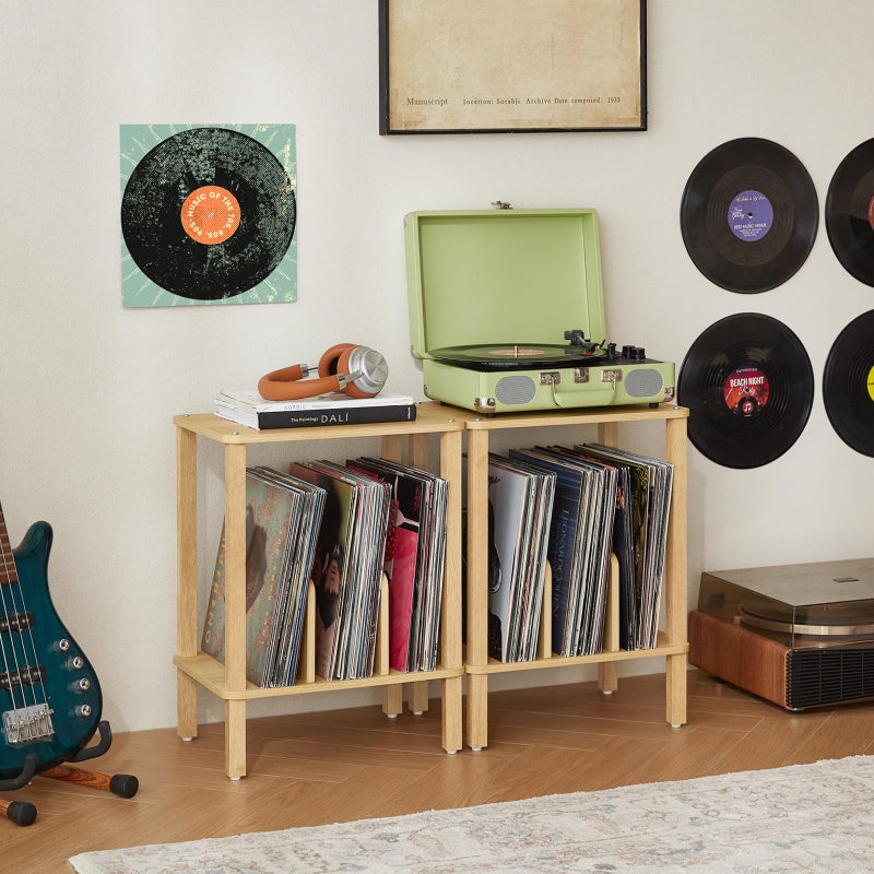 LELELINKY 2-Tier Bamboo Record Player Stand with Vinyl Record Storage up to 100 Albums, Boho Bedroom Record Holder and Multi-Functional End Table for Living Room, Natural - Image 2