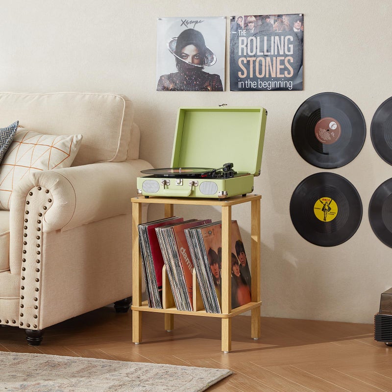 LELELINKY 2-Tier Bamboo Record Player Stand with Vinyl Record Storage up to 100 Albums, Boho Bedroom Record Holder and Multi-Functional End Table for Living Room, Natural - Image 5