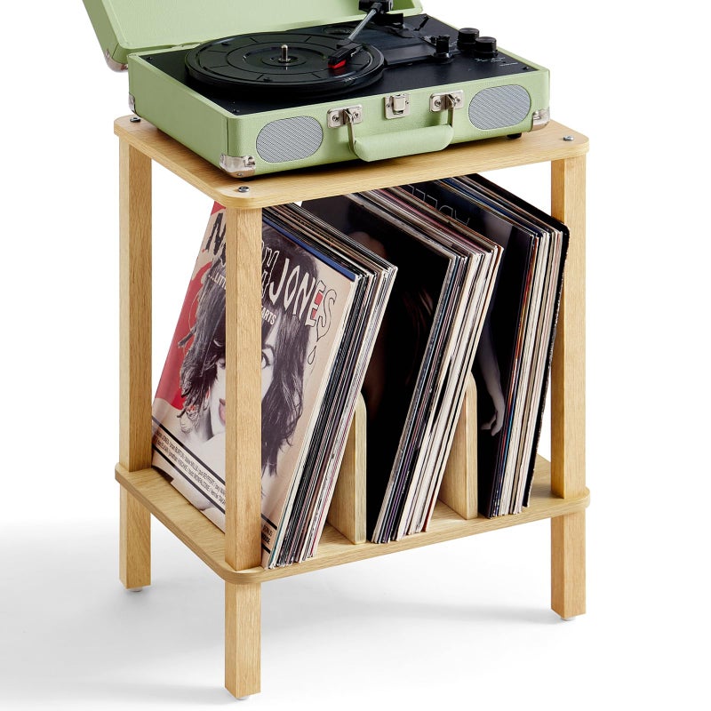 LELELINKY 2-Tier Bamboo Record Player Stand with Vinyl Record Storage up to 100 Albums, Boho Bedroom Record Holder and Multi-Functional End Table for Living Room, Natural - Image 1