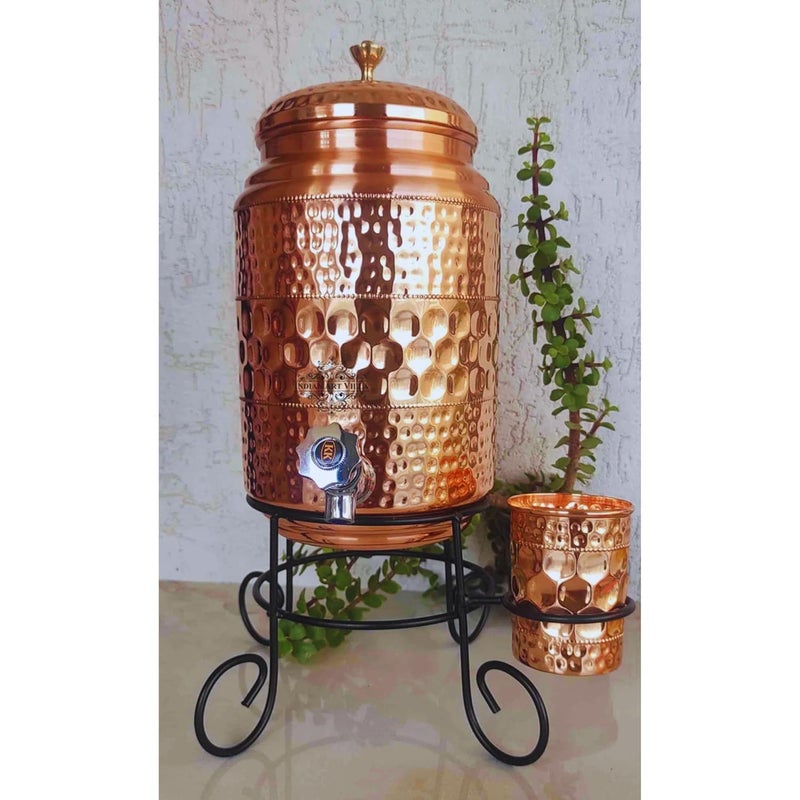 INDIAN ART VILLA Copper Water Pot with Tap Glass and Stand Diamond Hammered Design Pure Copper for Storage and Serving Water Ayurveda Benefits 5 Liters - Image 3