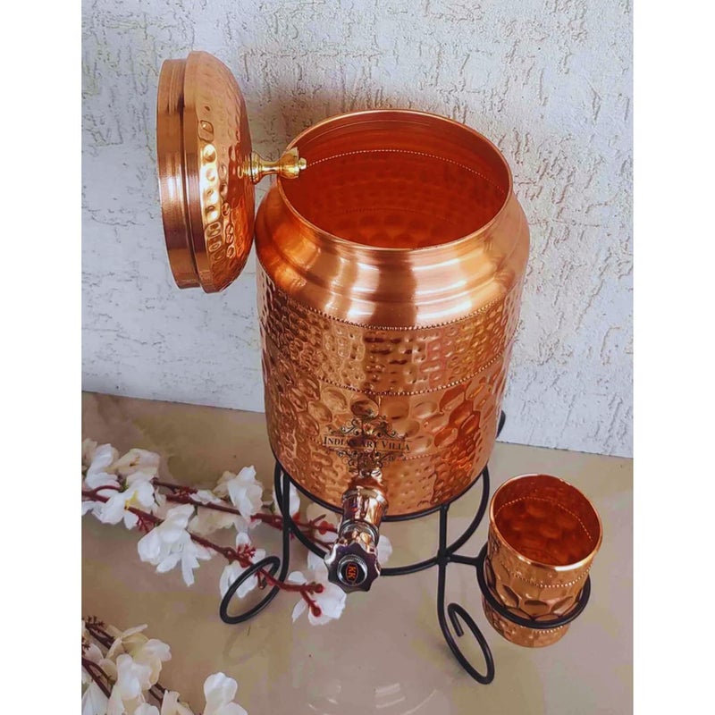 INDIAN ART VILLA Copper Water Pot with Tap Glass and Stand Diamond Hammered Design Pure Copper for Storage and Serving Water Ayurveda Benefits 5 Liters - Image 2