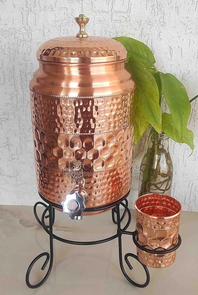 INDIAN ART VILLA Copper Water Pot with Tap Glass and Stand Diamond Hammered Design Pure Copper for Storage and Serving Water Ayurveda Benefits 5 Liters - Image 1