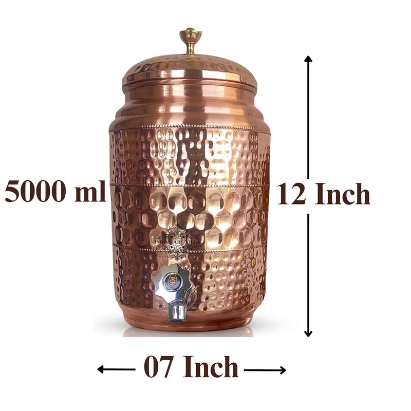 INDIAN ART VILLA Copper Water Pot with Tap Glass and Stand Diamond Hammered Design Pure Copper for Storage and Serving Water Ayurveda Benefits 5 Liters - Image 5