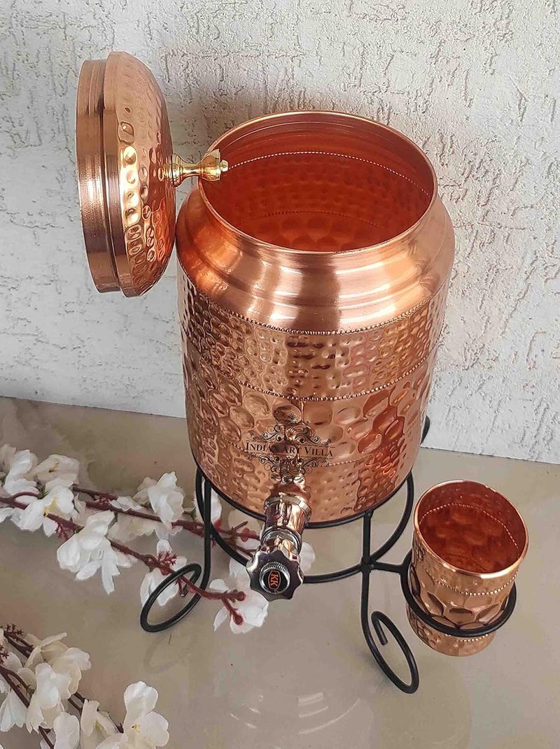 INDIAN ART VILLA Copper Water Pot with Tap Glass and Stand Diamond Hammered Design Pure Copper for Storage and Serving Water Ayurveda Benefits 5 Liters - Image 4