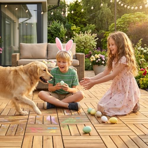 VICTORY RELAX Natural Acacia 12x12 Interlocking Wood Deck Tiles for Balcony Garden Patio Poolside Decor Waterproof Indoor Outdoor Flooring 12 Slats Round Joints Pack of 9 Natural Color - Image 3