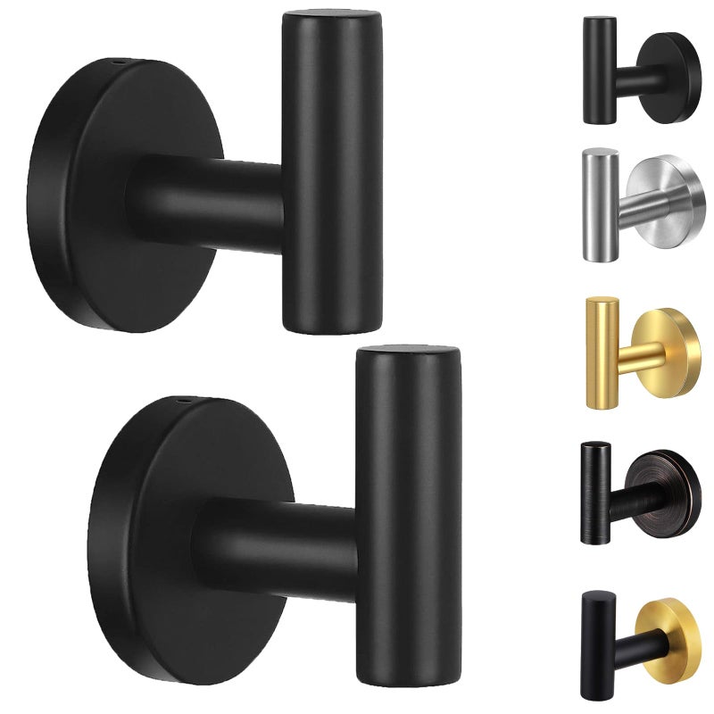 Kruodop Towel Hooks for Bathroom2 Packs Wall Mount Towel HolderBlack Matte Wall Robe HookStainless Steel Heavy Duty Door Hanger Towel Hook for Kitchen BedroomHotelPoolCoatsDrilling