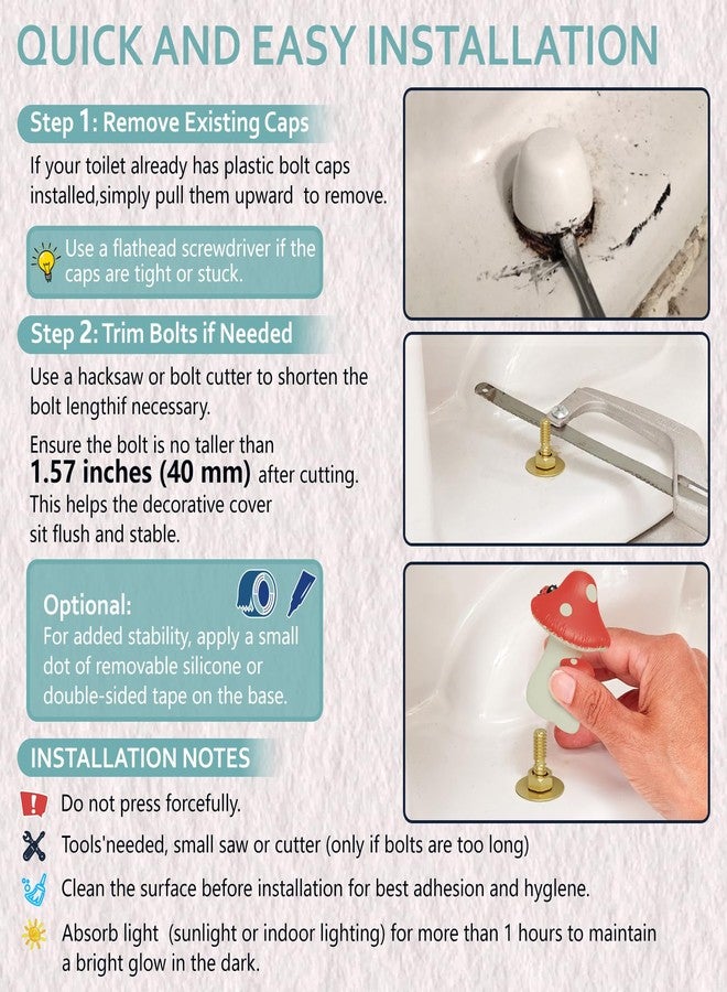 boeemi Cute Mushroom Toilet Bolt Covers Decorative Glow in The Dark Toilet Caps Bathroom Decor for Floor Bolt Screws (2PCS, PLA, Easy Install) - Image 5