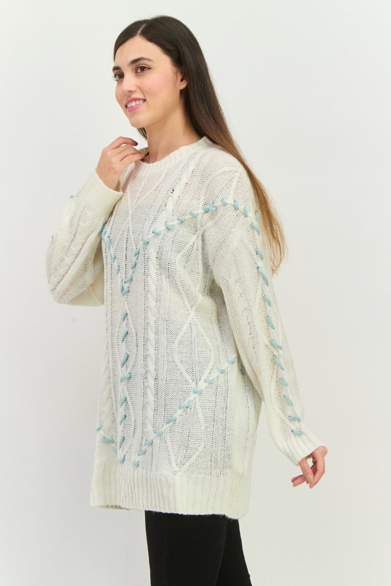 Native Youth Women Round Neck Textured Sweater, Cream - Image 2