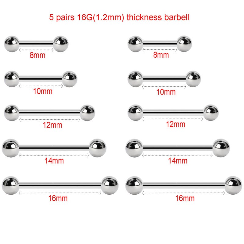 NewkeepsR Steel 5 Pairs-16G Bridge Cheek Dimple Nipple Piercing Straight Barbell Short Industrial Bars Jewelry, Length 8mm/10mm/12mm/14mm/16mm - Image 2