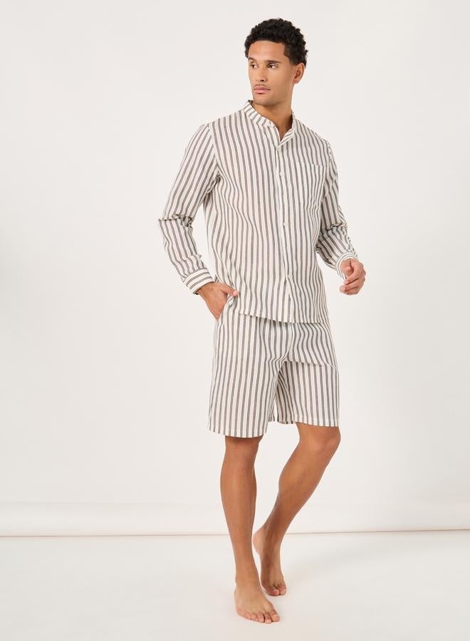 ستايلي طقم قميص وشورت مخطط بقصة عادية وياقة ماندرين - Image 1