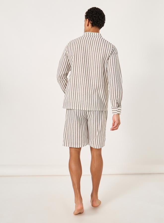 ستايلي طقم قميص وشورت مخطط بقصة عادية وياقة ماندرين - Image 5