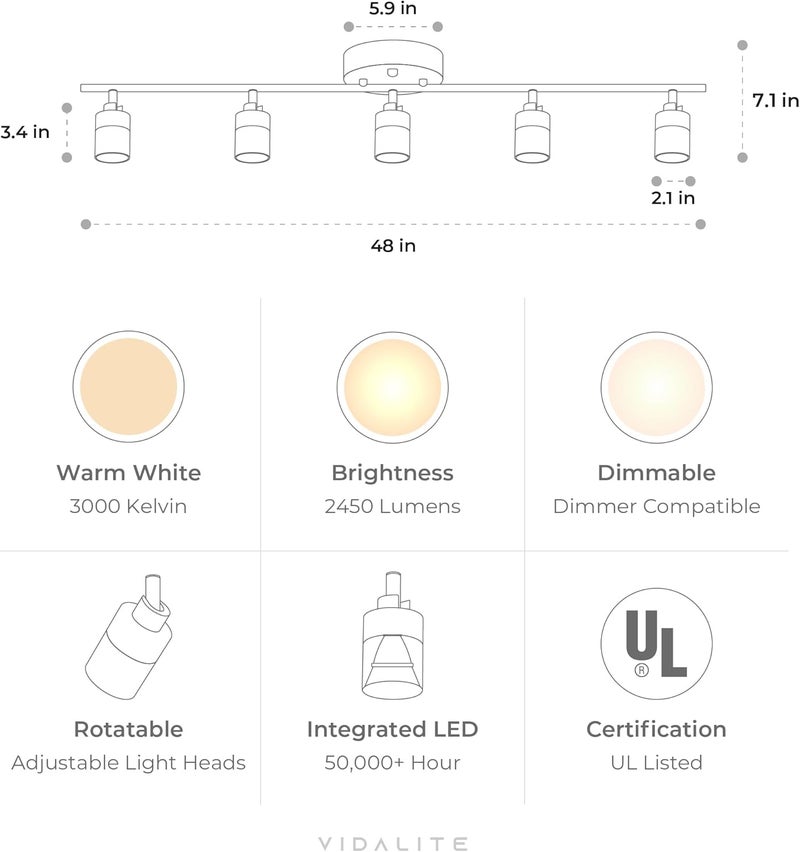 VidaLite Shura Brushed Brass 5-Light Track Light with Adjustable Heads, Integrated LED Bulbs, 4 ft. Track Lighting Kit Ceiling Light, 3000k, 2450 Lumens - Image 2