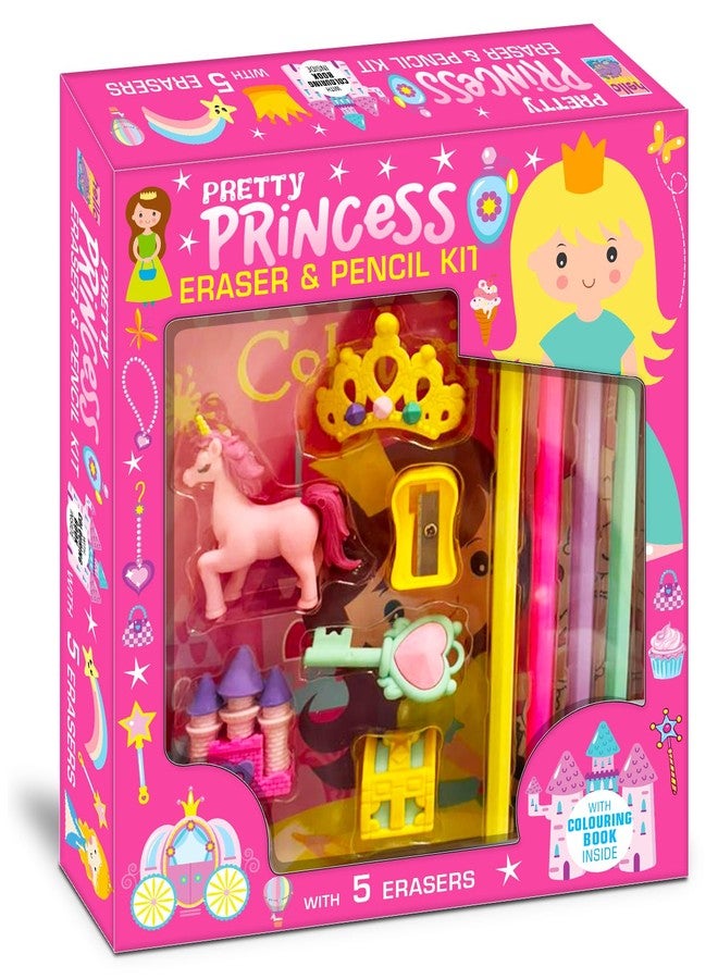 BRIJBASI Pretty Princess Eraser Pencil kit | Stationery Gift Set Combo Wodden Pencil and Erasers Set Stationery Kit for Kids Rubber Sharpener Scale Set (Princess) - Image 1