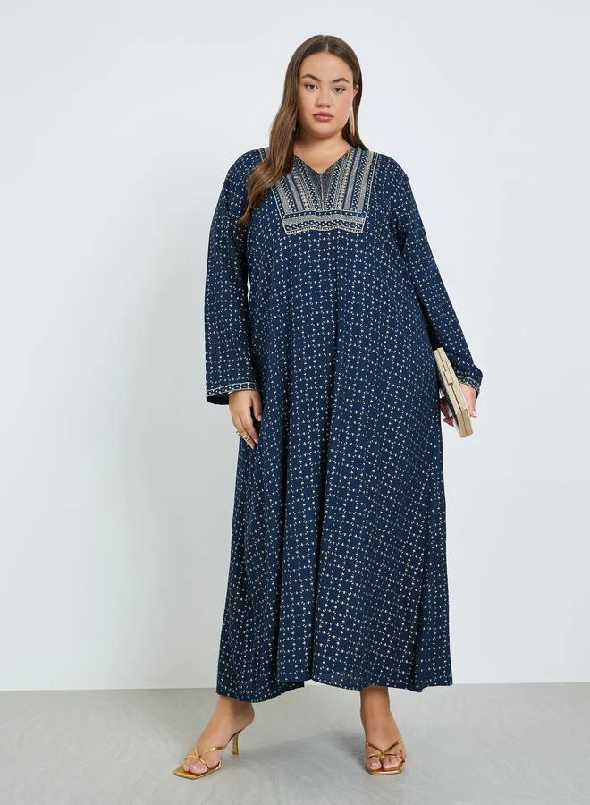 Amirah Plus Size Navy Blue Embroidered Jalabiya