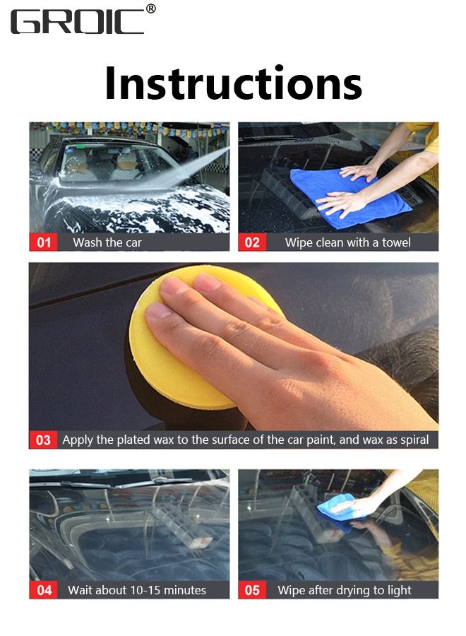GROIC شمع السيارة الصلب لجميع السيارات الملونة، منظف مجموعة شمع السيارة، طلاء سيراميك تلقائي مقاوم للخدش، 200 جرام مع إسفنجة شمع ومنشفة مجانية - Image 3