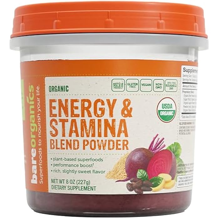 BareOrganics Energy & Stamina Blend Powder, Organic Superfood, Vegan Dietary Supplement, 8 Ounces - Image 1