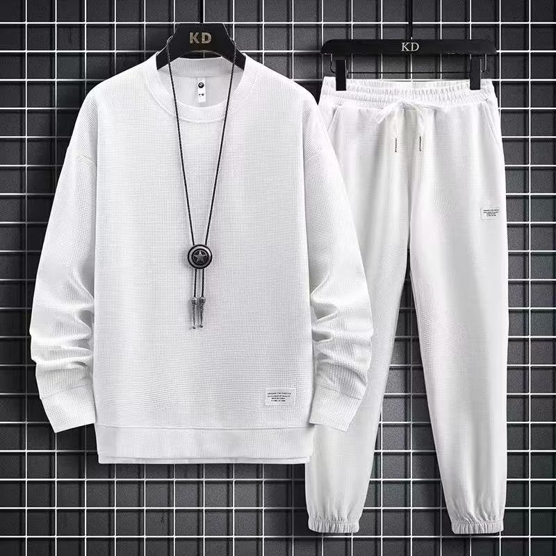 Waffle Long-Sleeved Suit Men'S Shirt Casual Set Clothes Spring Autumn Winter Fashionable Solid Color Loose Fake Two-Piece T-Shirt - Image 1