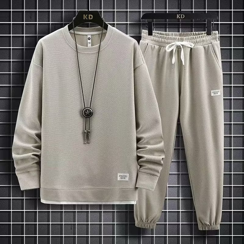 Waffle Long-Sleeved Suit Men'S Shirt Casual Set Clothes Spring Autumn Winter Fashionable Solid Color Loose Fake Two-Piece T-Shirt - Image 3