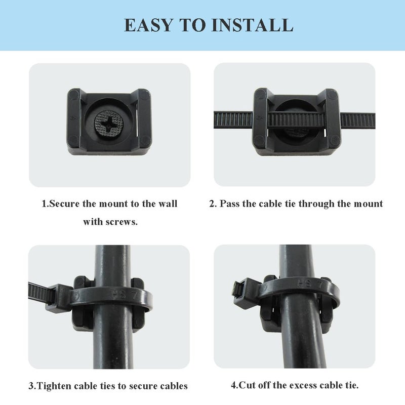 HS Saddle Type Cable Zip Tie Mounts Base Kit with Screw Hole,Set Strong 6 Inch Nylon Cable Ties and Screws Each 100 PCS,Wire Clips Anchor Management Fastener for Baseborad,Wall or Desk,Black - Image 3