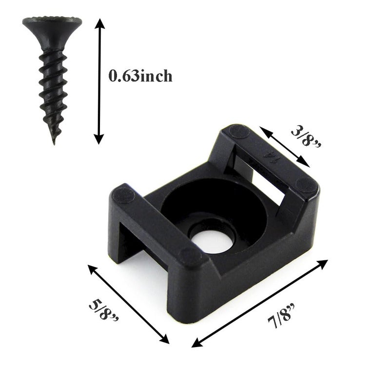 HS Saddle Type Cable Zip Tie Mounts Base Kit with Screw Hole,Set Strong 6 Inch Nylon Cable Ties and Screws Each 100 PCS,Wire Clips Anchor Management Fastener for Baseborad,Wall or Desk,Black - Image 2