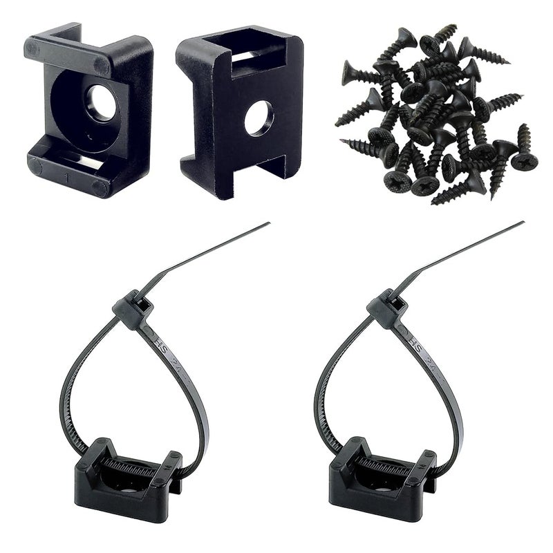 HS Saddle Type Cable Zip Tie Mounts Base Kit with Screw Hole,Set Strong 6 Inch Nylon Cable Ties and Screws Each 100 PCS,Wire Clips Anchor Management Fastener for Baseborad,Wall or Desk,Black - Image 1