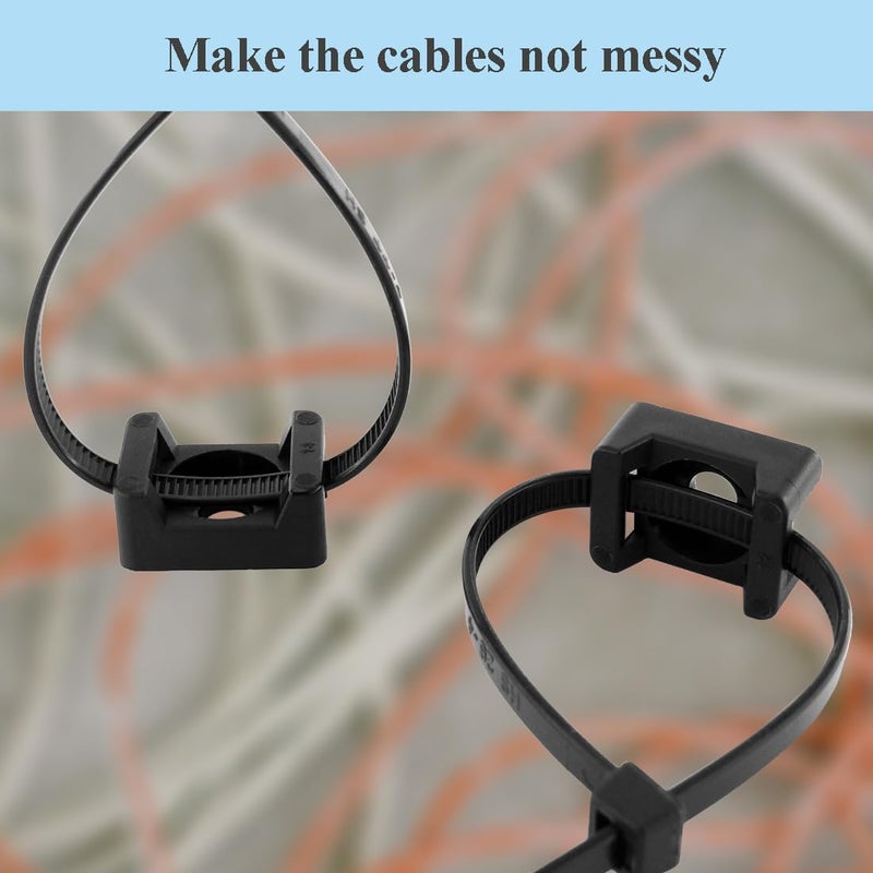 HS Saddle Type Cable Zip Tie Mounts Base Kit with Screw Hole,Set Strong 6 Inch Nylon Cable Ties and Screws Each 100 PCS,Wire Clips Anchor Management Fastener for Baseborad,Wall or Desk,Black - Image 4