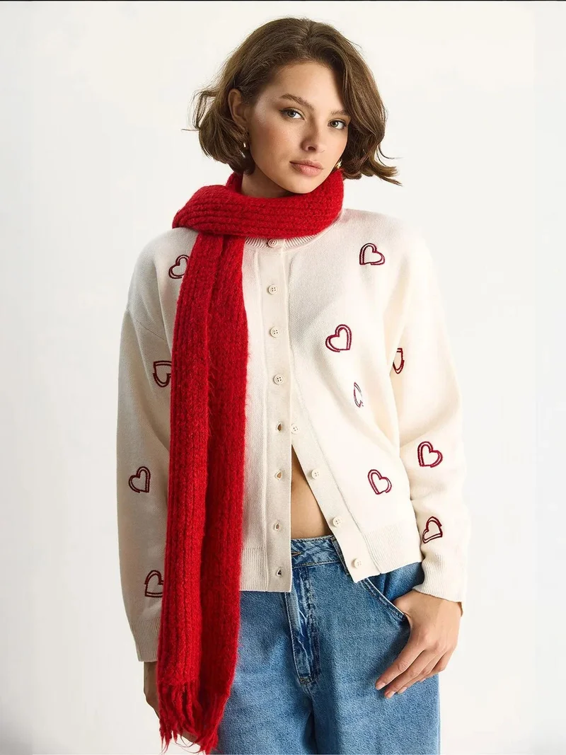 Bianco Lucci Cream Natural LUCCI Long Knitted Cardigan with Button Collar for Women | Best Price UAE
