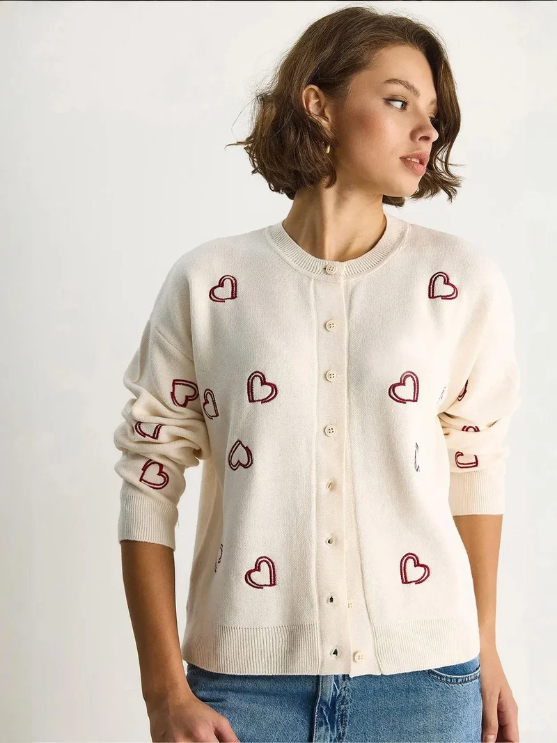 Bianco Lucci Cream Natural LUCCI Long Knitted Cardigan with Button Collar for Women | Best Price UAE