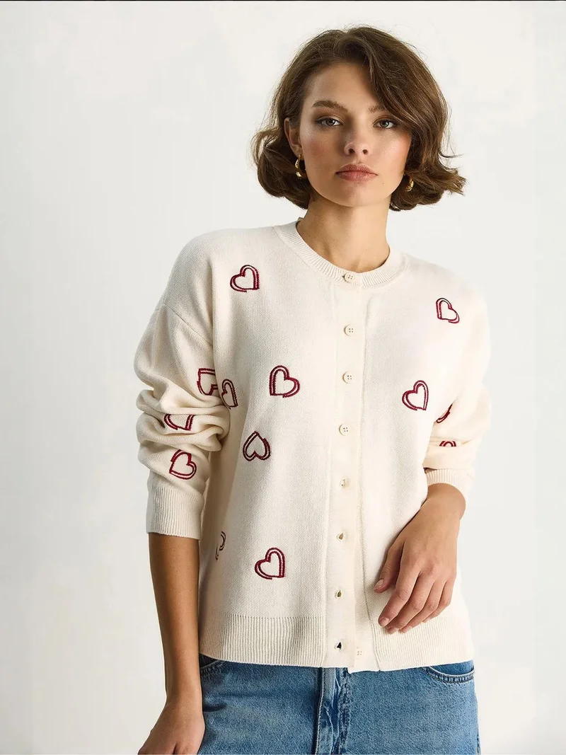 Bianco Lucci Cream Natural LUCCI Long Knitted Cardigan with Button Collar for Women | Best Price UAE