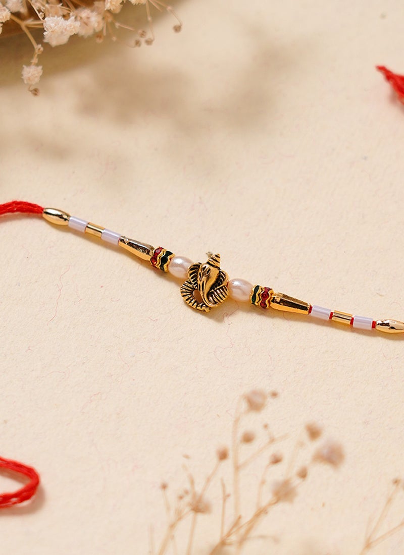 Madhoor Ganesha Pearl Rakhi for Brother Red Designer Raksha Bandhan Thread ,Premium Handmade ,1 Piece-33 CM - Image 2