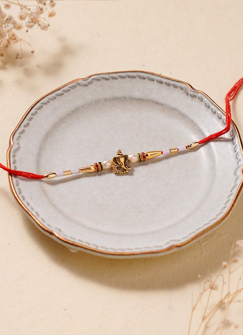 Madhoor Ganesha Pearl Rakhi for Brother Red Designer Raksha Bandhan Thread ,Premium Handmade ,1 Piece-33 CM - Image 3