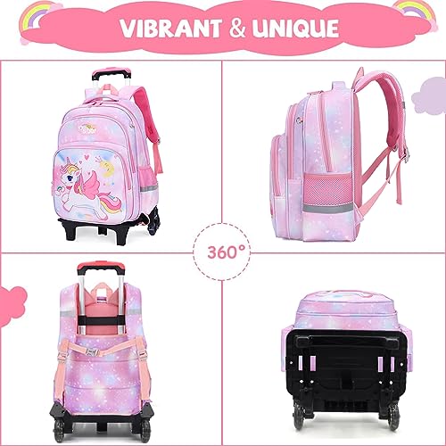 PALAY 3 Compartments Unicorn Print School Backpack For Girls Travel Backpack For Girl School Bag On Wheel Detachable Wheel Stand Gift School Bag For Girls Primary, 17 L, Pink - Image 4