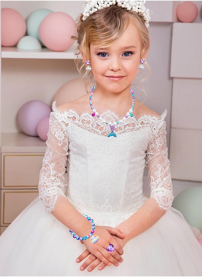MARGOUN Mermaid Jewelry Set for Little Girls Princess Mermaid Stretchy Necklace Bracelet Earrings Ring Kids Pretend and Dress Up Jewelry for Toddlers Aged 2 3 4 5 Gift Purple  - Image 2