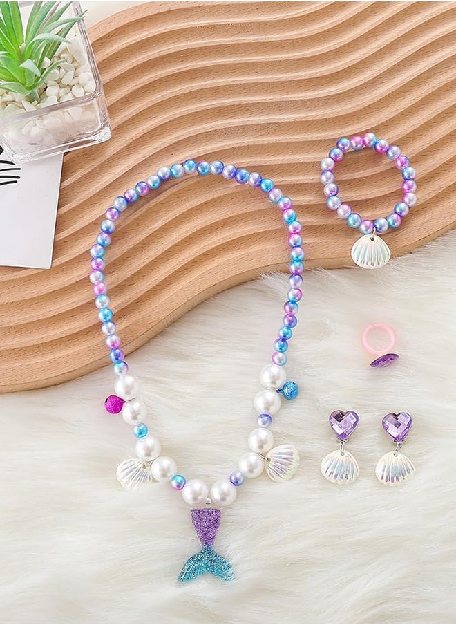 MARGOUN Mermaid Jewelry Set for Little Girls Princess Mermaid Stretchy Necklace Bracelet Earrings Ring Kids Pretend and Dress Up Jewelry for Toddlers Aged 2 3 4 5 Gift Purple  - Image 1