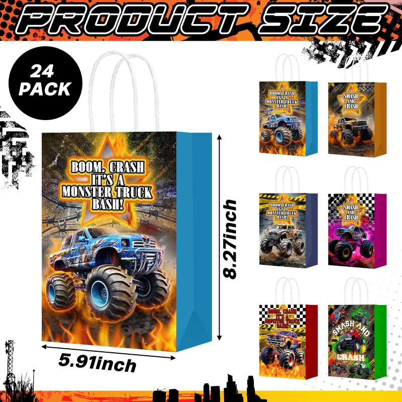 Kolldenn 24 Pcs Monsters Truck Party Favor Bags Truck Theme Gift Goodie Paper Bags with Handles Racing Car Candy Treat Pouch for Monster Party Birthday Decorations Baby Shower Supplies - Image 2