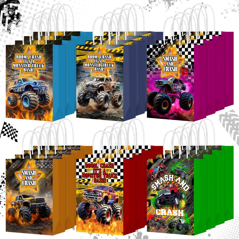 Kolldenn 24 Pcs Monsters Truck Party Favor Bags Truck Theme Gift Goodie Paper Bags with Handles Racing Car Candy Treat Pouch for Monster Party Birthday Decorations Baby Shower Supplies - Image 1