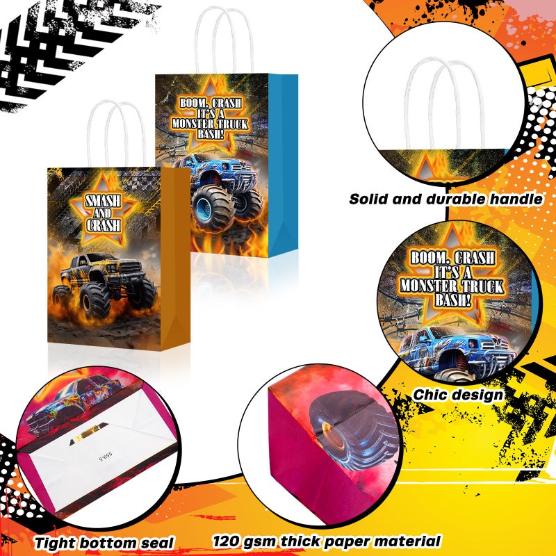 Kolldenn 24 Pcs Monsters Truck Party Favor Bags Truck Theme Gift Goodie Paper Bags with Handles Racing Car Candy Treat Pouch for Monster Party Birthday Decorations Baby Shower Supplies - Image 3