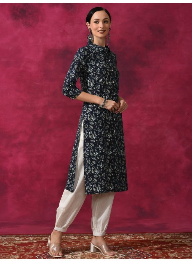 AKS Navy Blue Floral Printed Button Down Kurta - Image 3