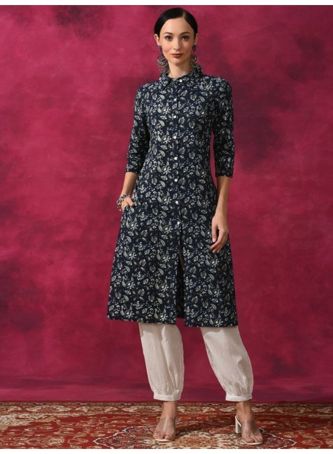 AKS Navy Blue Floral Printed Button Down Kurta - Image 1