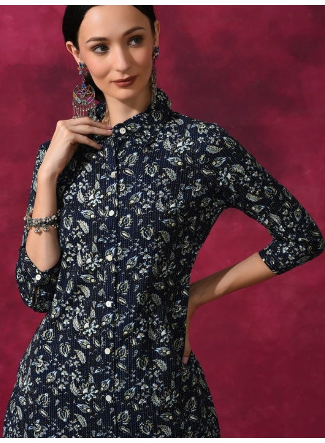 AKS Navy Blue Floral Printed Button Down Kurta - Image 2