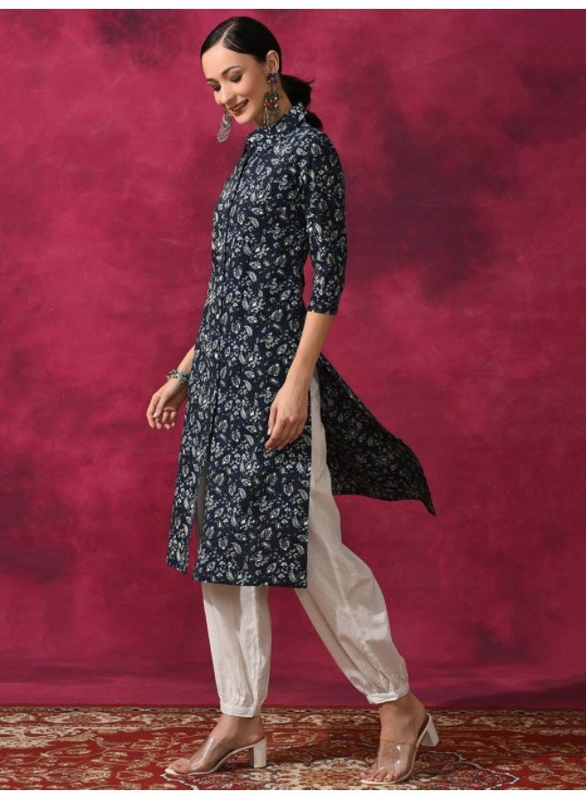 AKS Navy Blue Floral Printed Button Down Kurta - Image 4