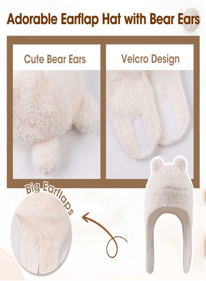 Peecabe Fleece Baby Hat Scarf Mitten Set Winter Toddler Beanie Warm Mittens Infant Scarves Ears Earflap Hats for Baby Boys Girls (White, S) - Image 4
