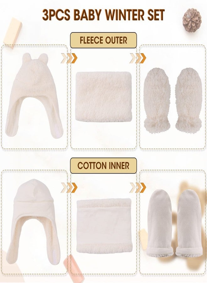 Peecabe Fleece Baby Hat Scarf Mitten Set Winter Toddler Beanie Warm Mittens Infant Scarves Ears Earflap Hats for Baby Boys Girls (White, S) - Image 2