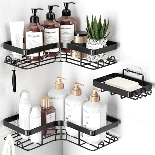 Sakugi Corner Shower Caddy 3Pack Shower Organizer with Soap Holder BuiltIn Hooks Rustproof Metal Shower Shelves Laundry Kitchen Bathroom Organizers and Storage Solution Large Black - Image 1