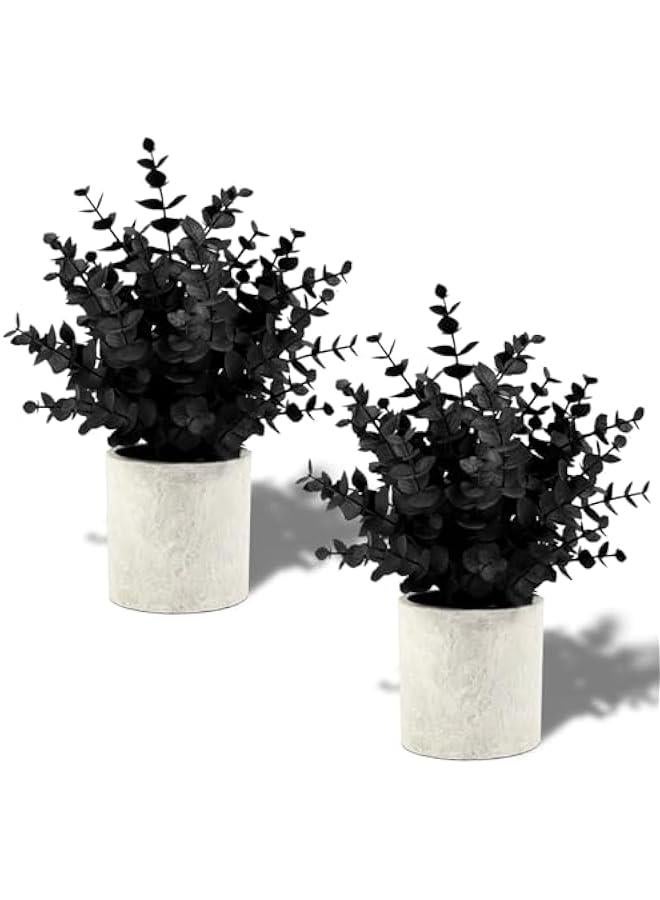 Yulejo 2 Pack Black Fake Eucalyptus Small Fake Plants Potted Artificial Plants for  Decorations Shelf Desk Home Farmhouse Room Coffee Table Bathroom Decor(Black) - Image 1