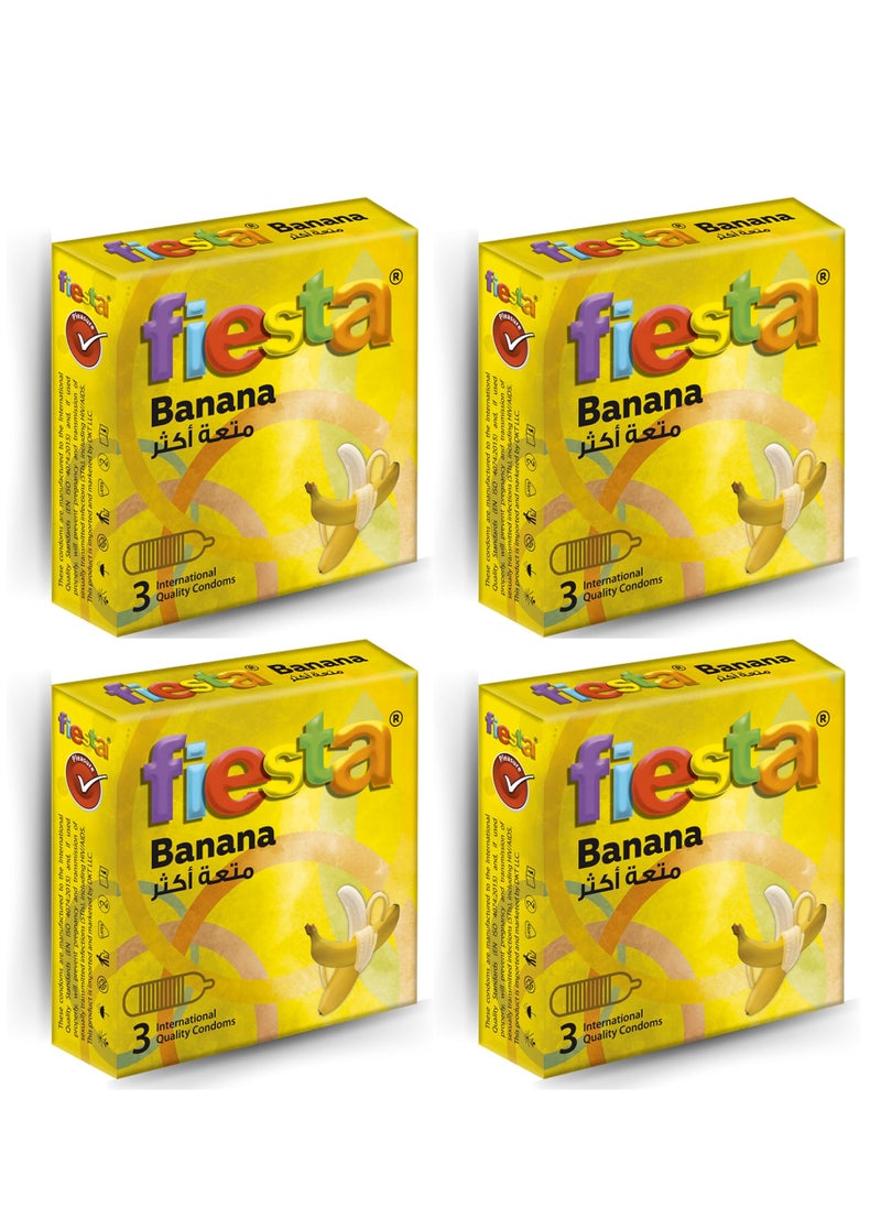 FIESTA - Fiesta Banana Condoms - Ribbed & Flavored - 4 Packs Of 3 - Image 1