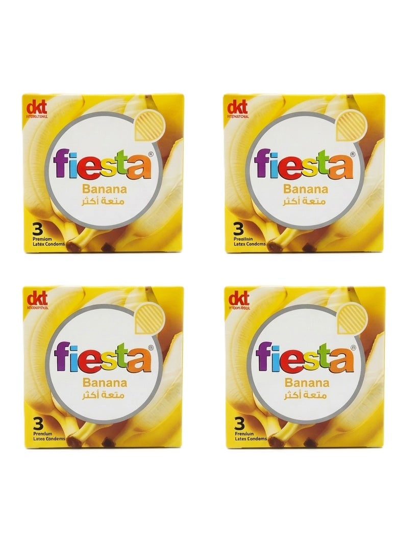 Fiesta Banana Condoms - Ribbed & Flavored - 4 Packs Of 3